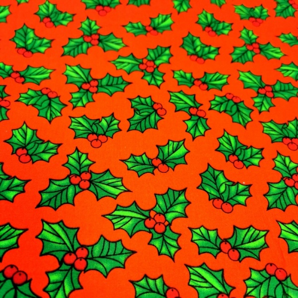 Christmas Polycotton HOLLY ON RED